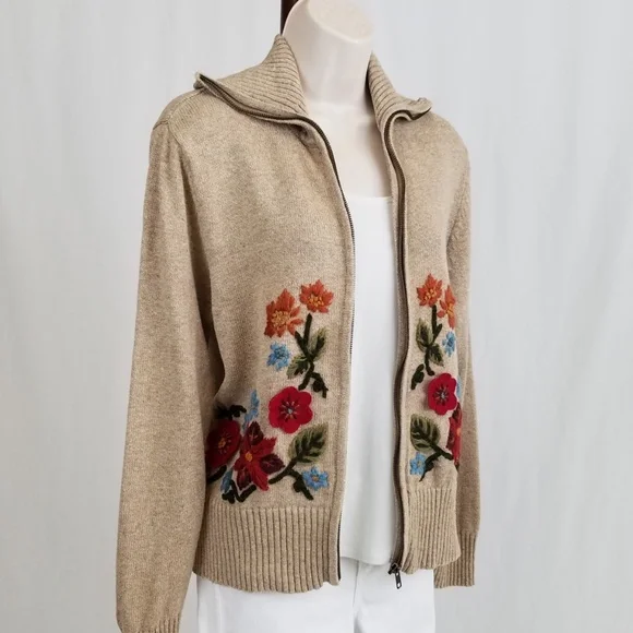Tiara Int'l cardigan zip front tan floral M - Picture 2 of 8